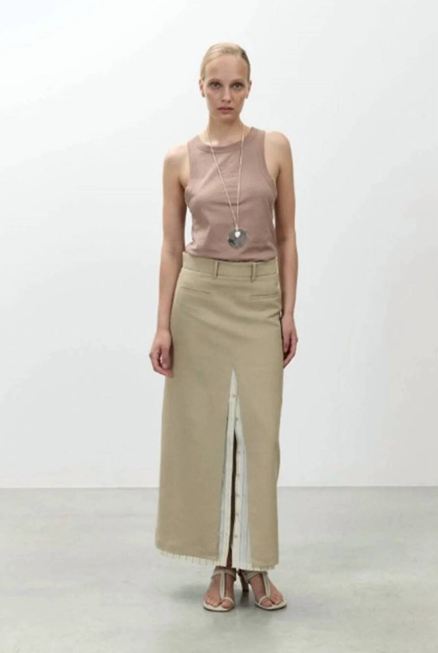 NEW ALYSI linen midi skirt in khaki